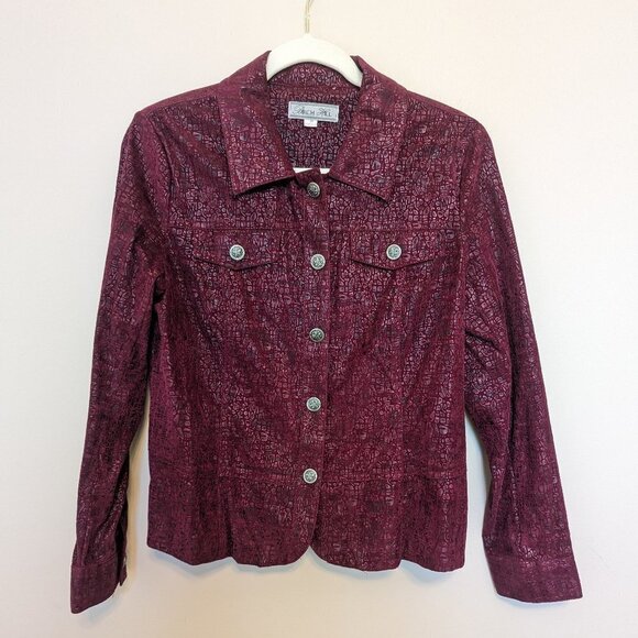 Birch Hill velvet burn out snakeskin effect maroon bomber jacket Medium EUC - Picture 1 of 11